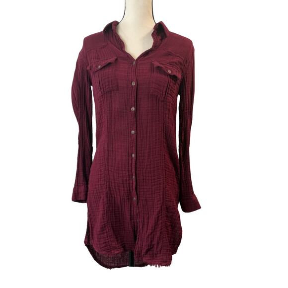 Free People Women’s Burgundy Button Up Shirt Tunic Size XS - Picture 1 of 6